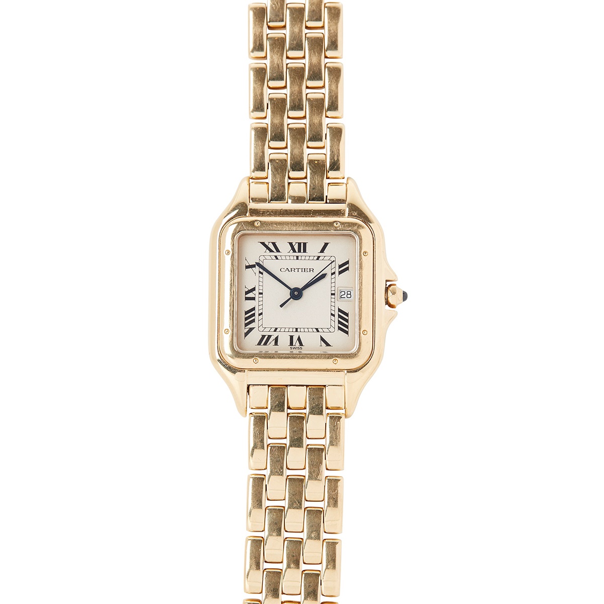 A MID SIZE 18CT GOLD WRISTWATCH, CARTIER Panthère model, square buff dial, Roman numerals in black, date aperture at 3, inner seconds track in black, blued steel sword hands, centre seconds hand in black, screw motif bezel, sapphire set crown, with Cartier Quartz 18K SWISS MADE 887968 003461 to the case back, Cartier integrated polished gold brick link bracelet strap, Cartier signed concealed clasp, no box or papers, with travel/service pouch | Case width: 29mm including crown guards | £3,000 - £5,000 + fees
